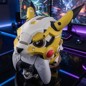 May include: A stylized, mechanical-themed helmet featuring a yellow and white color scheme with pointed ears, resembling a robotic creature. The helmet is integrated with a white video game controller at the front, showcasing buttons and joysticks.