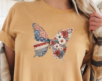 Comfortkleuren patriottische vlinder Comfortkleuren shirt, T-shirt met Amerikaanse vlag bloemen, vintage VS grafisch T-shirt, cadeau Fourth of July