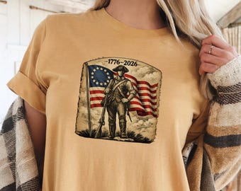Comfort kleuren 1776 2026 Comfort kleuren shirt, patriottische revolutionaire oorlog T-shirt, vintage Amerikaanse vlag soldaat grafisch T-shirt, VS