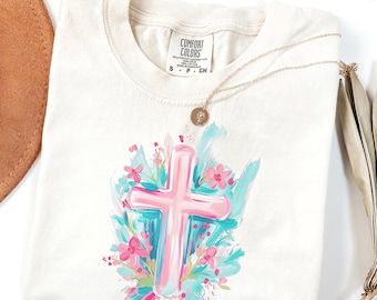 Shirt Comfort Colors Cross: geverfd christelijk T-shirt met bloemen