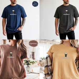 May include: Four t-shirts in navy blue, pepper, espresso, and mustard colors. Each shirt features a graphic of a pint of beer with the text "Vitamin G" below it. The shirts have short sleeves and a relaxed fit.
