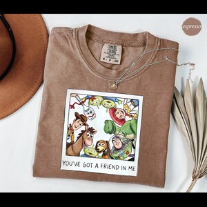 Op de afbeelding: Espresso-kleurig T-shirt met een afbeelding van personages uit de film Toy Story. De afbeelding staat in een witte rand en bevat de tekst "YOU'VE GOT A FRIEND IN ME". Een zilveren ketting en een bruine hoed zijn ook in de afbeelding.