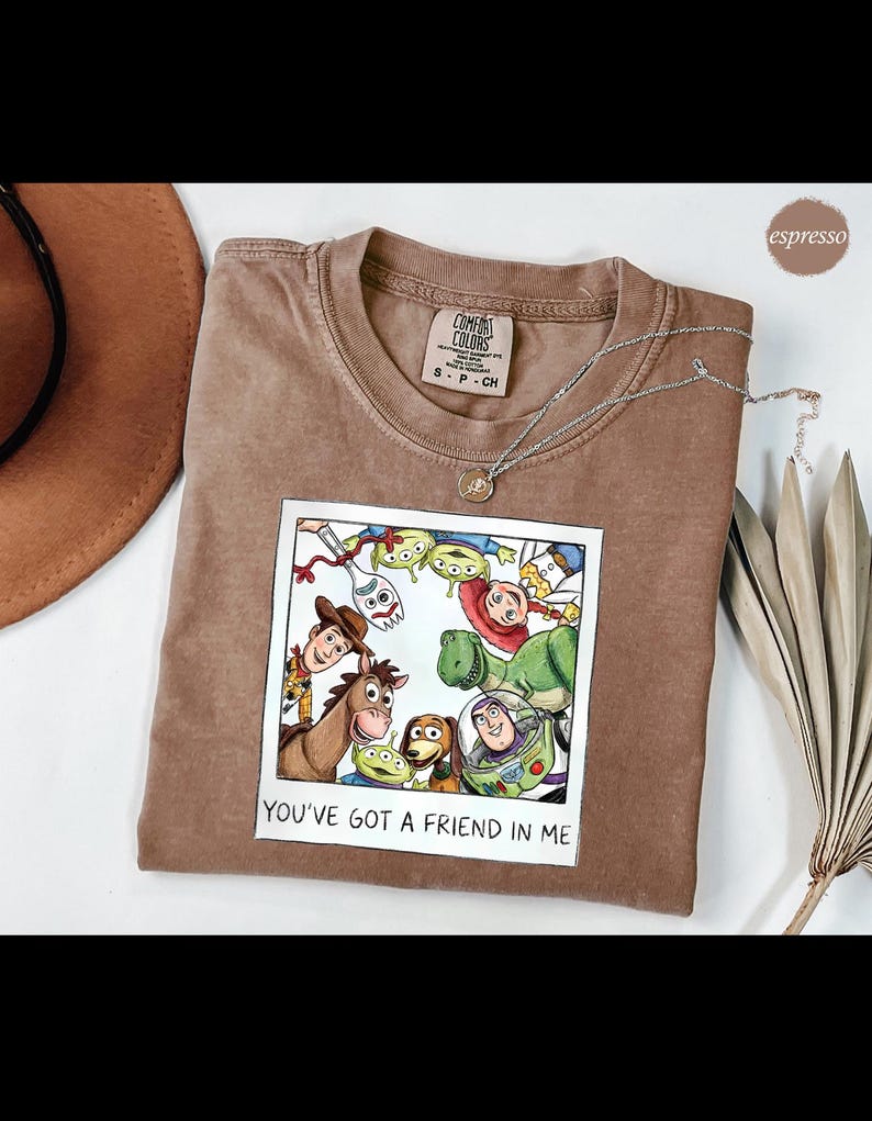 Op de afbeelding: Espresso-kleurig T-shirt met een afbeelding van personages uit de film Toy Story. De afbeelding staat in een witte rand en bevat de tekst "YOU'VE GOT A FRIEND IN ME". Een zilveren ketting en een bruine hoed zijn ook in de afbeelding.