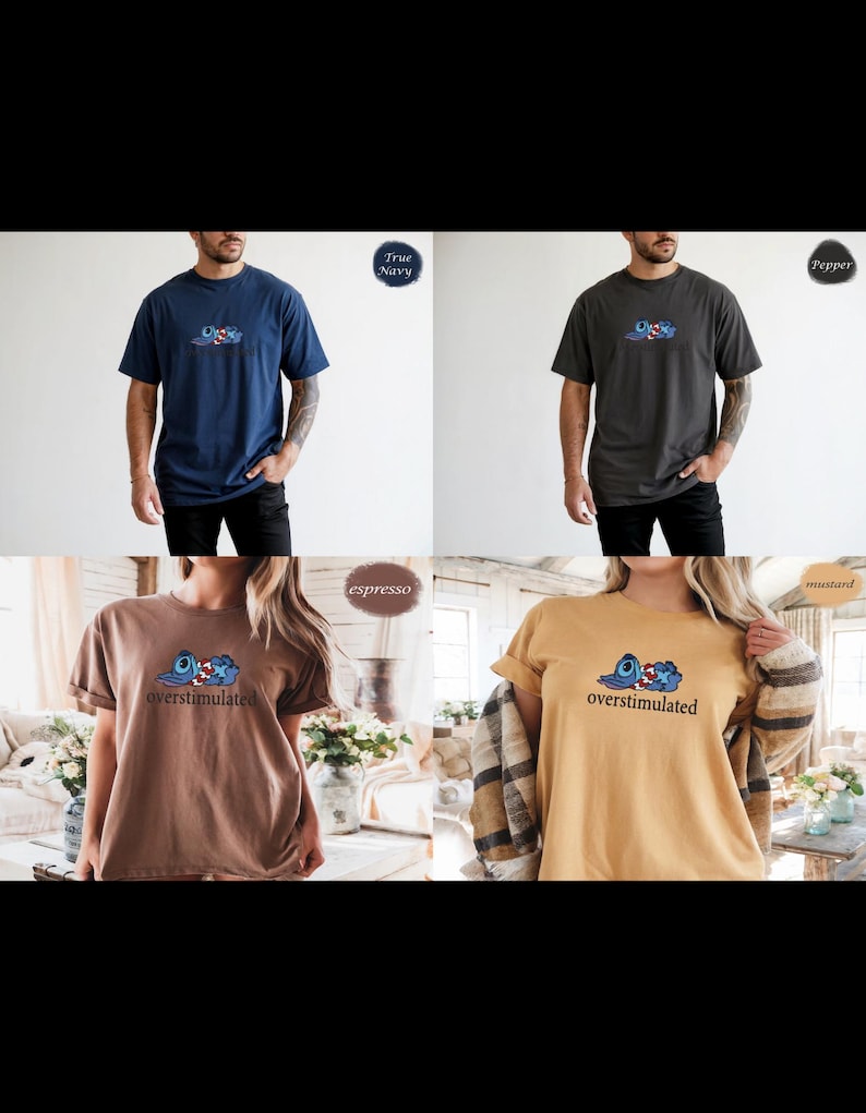 以下が含まれることがあります： ネイビー、ペッパー、エスプレッソ、マスタードの4色のTシャツ。各シャツには、漫画のキャラクターデザインと「overstimulated」の文字がプリントされています。これらのシャツは半袖で、柔らかい素材で作られているようです。