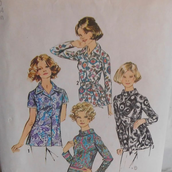 Simplicity 5359 1970's Mod Top Pattern - Mod Tunic Pattern with Collar Options - Belted Blouse Pattern - Size 40 XL  Bust 44