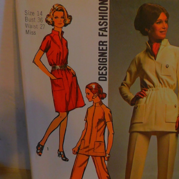 Simplicity 8914 1970's Designer Zip Front Tunic Pattern - Zipper Front House Dress Pattern -Stand Up Collar Dress Or Tunic - Size 14 Bust 36