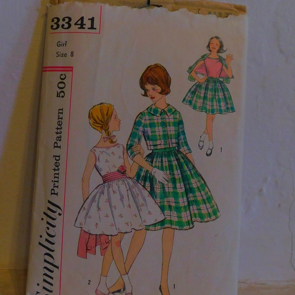 Simplicity 3341 1950's Girl's Dress Pattern and Short Jacket Pattern - Bateau Neckline Dress Pattern - Girl's Party Dress Pattern - Size 8
