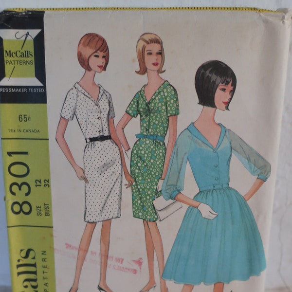 McCalls 8301 1960's Shirtwaist Dress Pattern - Shawl Collar Dress Pattern - Slim or Full Skirt With Sheer Option Dress - Size 12 bust 32