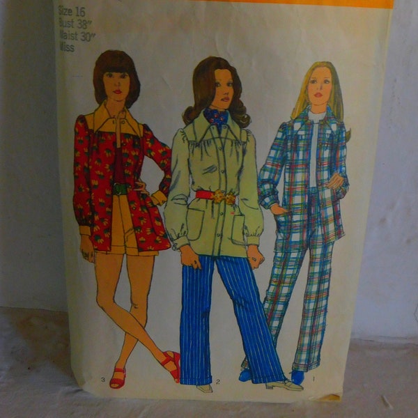 Simplicity 5005 1970's High Waist Shorts Pattern -High Waist Pants Puff Sleeve Shirt Jacket Pattern - Smock Jacket Pattern - Size 16 Bust 38