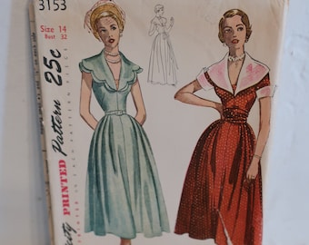 Simplicity 3153 1950's Shawl collar Dress Pattern - Scalloped Collar Pattern - Rockabilly Pattern - Evening Gown Pattern - Size 14 bust 32