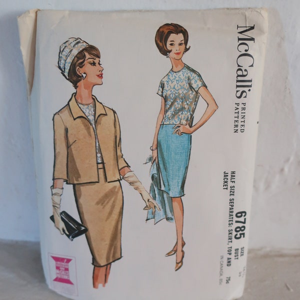 McCalls 6785 1960's Suit Dress Pattern - Slim Skirt Pattern -Short Open Front Jacket Pattern - Summer Back Zip Blouse - Size 14.5 Bust 35 36