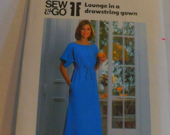 Butterick 5166 1970's Empire Waist Maxi Dress Pattern - Drawstring Lounge Maxi Dress Easy to Sew - Pullover Size Small 8-10 Bust 31-32.5