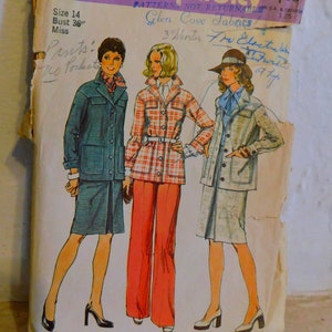 Simplicity 6233 1970&#39;s Shirt Jacket Pattern, 1970&#39;s Inverted Pleat Skirt Pattern, and 1970&#39;s High Waist Pants Pattern - Size 14 Bust 36