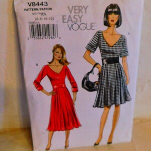 Vogue 8443 Midi Dress Pattern - Fitted Bodice Full Skirt dress Pattern - Deep V-neck Dress Pattern V Back Size 6 8 10 12 Bust 30 31 32 34