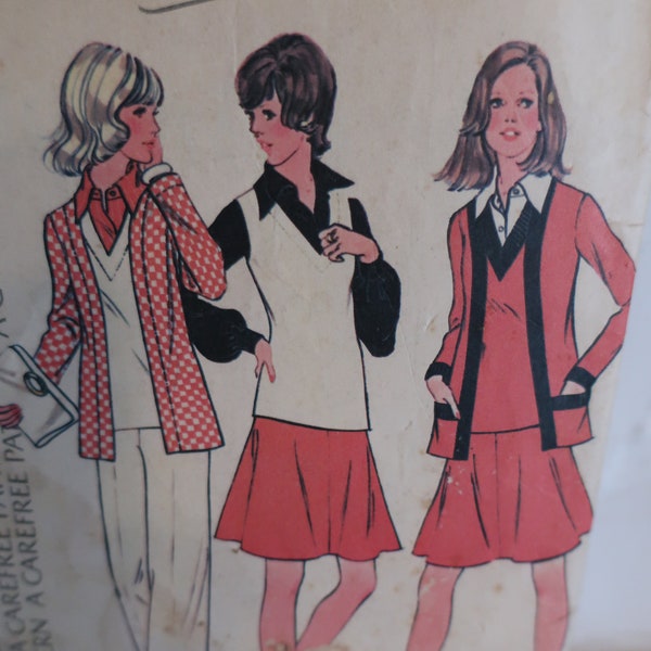 Simplicity 3766 1970's Fit & Flare Skirt Pattern - 1970's Sweater Vest Pattern - Cardigan Pattern -Stretch Fabric Pattern Size 16 Bust 38