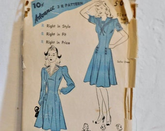 Advance 5032 1930's Sailor Dress Pattern - Sailor Collar Dress Pattern - Princess Seam Fit n Flare Dress Pattern - Size 12 Bust 30 AS IS