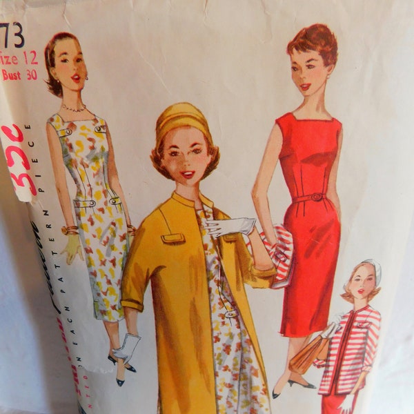 Simplicity 1473 1950's Sheath Dress Pattern & 1950's Car Coat Pattern -  Square Neck Fitted Wiggle Dress Pattern - Size 12 Teen Bust 30