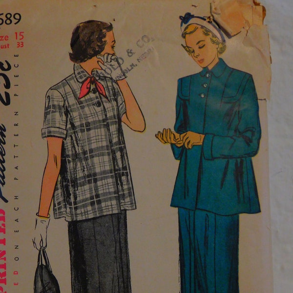 Simplicity 2689 Vintage 1940's Maternity Suit Dress Pattern - 1940's Two Piece Dress Pattern - Rockabilly Maternity Pattern Size 15 Bust 33