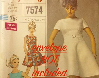 Simplicity 7574 1960's Designer dress Pattern - Shaped Midriff Dress Pattern - 60s Fit & Flare Dress Pattern No Envelope Size 10 Bust 32