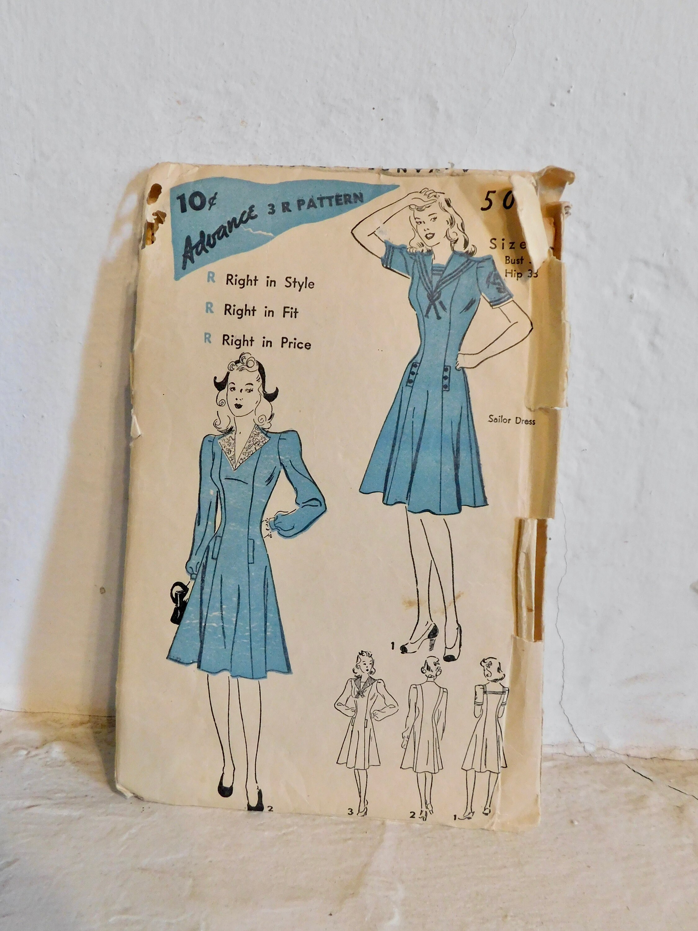 Advance 5032 1930's Sailor Dress Pattern - Sailor Collar Dress Pattern ...