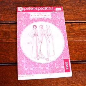 May include: A vintage sewing pattern by Patterns Pacifica, featuring illustrations of elegant long dresses. The pink cover displays the pattern number 3074 and size options 8-10-12-14-16-18. Printed in Hawaii, USA.
