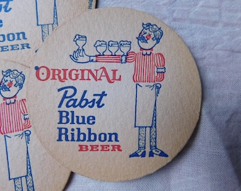 Vintage Pabst Blue Ribbon Coasters - PBR Round Cardboard Bar Coasters - Vintage Pabst barware - Coasters Lot of Six
