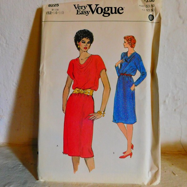 Vogue 8225 1980's Cowl Neck Dress Pattern - Very Easy Vogue Blouson Dress Pattern - Draped Dress Pattern  -Size 12 14 16 Bust 34 36 38 Uncut