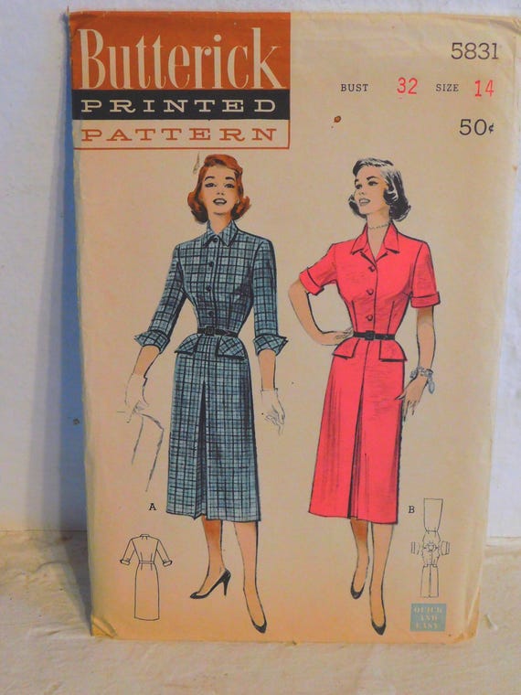 Butterick 5831 1940's Day Dress Pattern - Inverted Pleat Dress Pattern -  Quick and Easy 40's 50's Shirtwaist Dress Pattern - Size 14 Bust 32 - Etsy