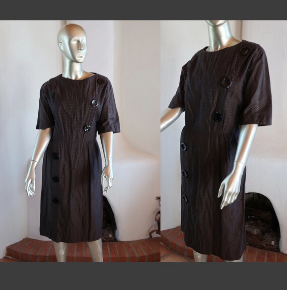 Vintage 1960's Brown Seersucker Dress - Short Sle… - image 1