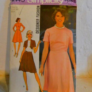 Simplicity 8145 1970&#39;s Color Block Dress Pattern - Designer Dress Pattern - Shaped Waistline Dress with Faux Bolero - Size 14 Bust 36