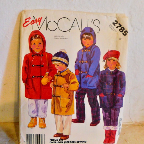 McCalls 2785 Children's Coat Pattern - 1980's Child's Coat with Detachable Hood Pattern - Winter Coat Pattern - Child size 6 - Uncut