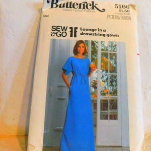 Butterick 5166 1970&#39;s Empire Waist Maxi Dress Pattern - Drawstring Lounge Maxi Dress Easy to Sew - Pullover Size Small 8-10 Bust 31-32.5