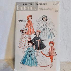 Butterick 8353 1950&#39;s Doll Clothes Pattern - 10 1/2 inch doll Clothes Pattern - 1950&#39;s Doll Wedding Dress Pattern - Doll Hat Pattern