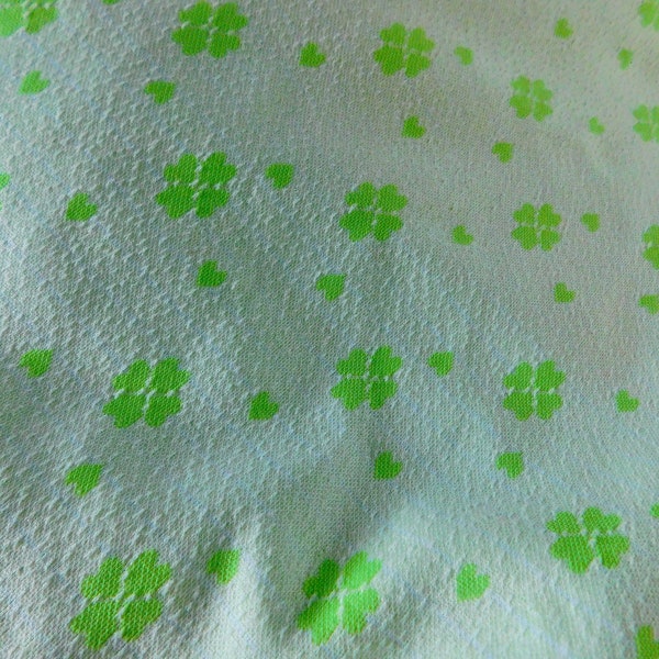 1970's Polyester Fabric Yardage -Green Four Leaf Clover - Fabric Yardage Stretch Double Knit -Green Heart Clovers on White - 4 Yards 62 wide