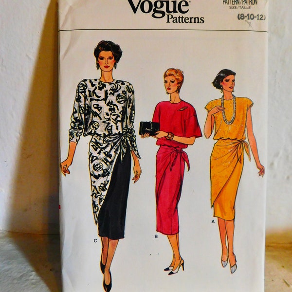 Vogue 9258 1980's Blouson Midi Dress Pattern - Over skirt Two Piece Dress Pattern - 1980's Shoulder Pad Dress - Size 8 10 12 bust 31 32 34
