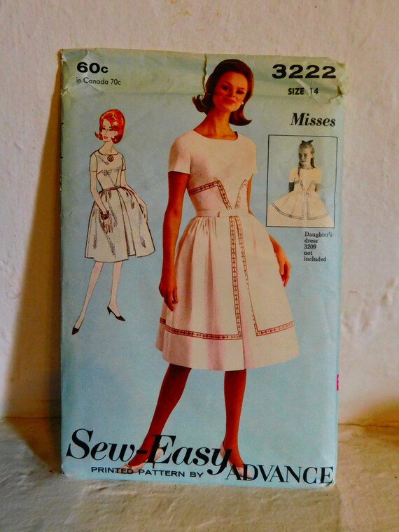 inverted pleat dress pattern Advance 3222 1960's Inverted Pleat Dress Pattern -full Skirt Fitted Bodice Dress  Pattern Wide Neckline Angled Pleats - Size 14 Bust 34 Uncut