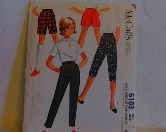 McCall's 6103 1960's Girl's Peg Leg Pants Pattern - Early 60's Pedal Pusher Pants Pattern - Bermuda Shorts Pattern - Girl's Size 8 Waist 23