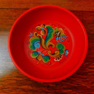 Norwegian Rosemaling Wooden Red Bowl - Red With Bright Designs -Large 10 Inch Diameter -  Rosendal - 80&#39;s Scandinavian Hand Painted Bowl