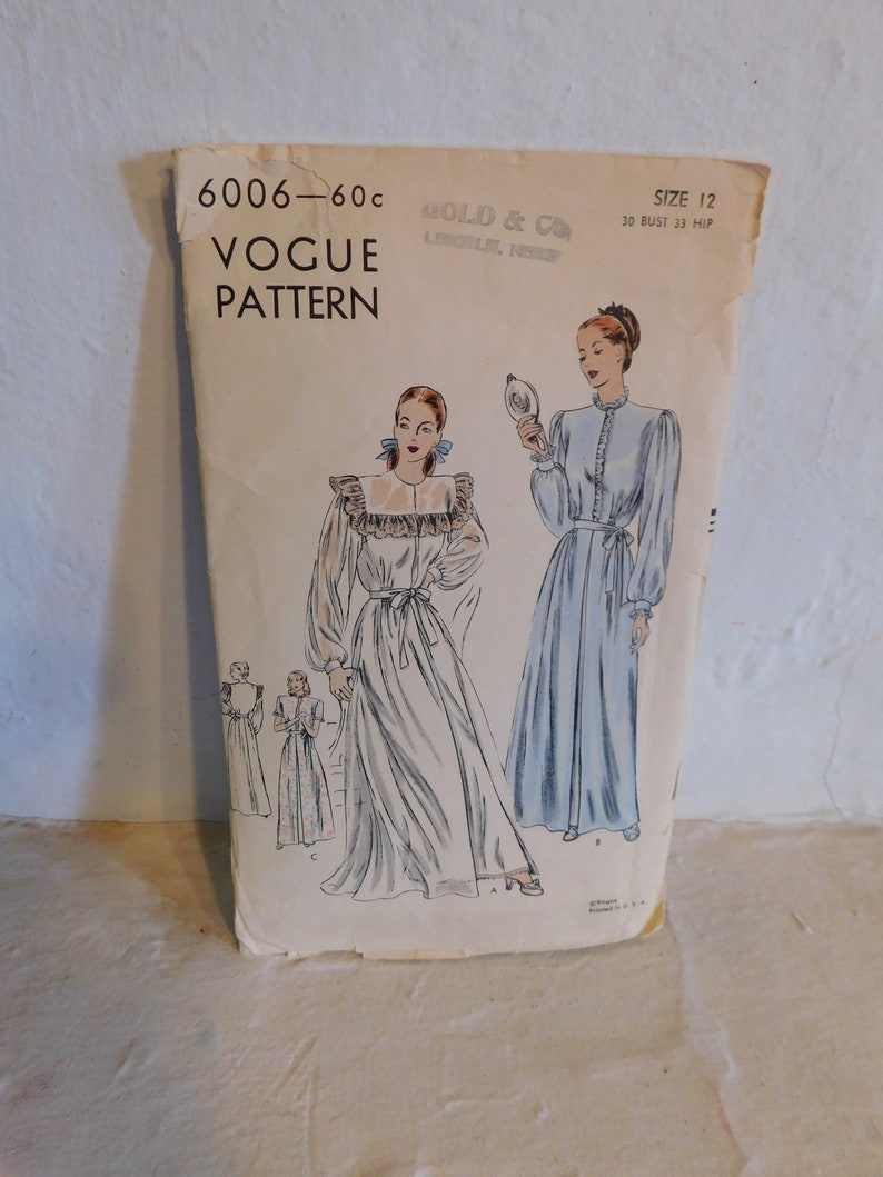 Vogue 6006 Vintage 1950's Nightgown Pattern 1950's Negligee Pattern Full Length Nightgown Pattern Size 12 Bust 30 image 3