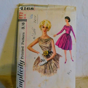 Simplicity 4168 1960&#39;s cocktail Dress Pattern - 1960&#39;s Draped Bateau Neckline dress Pattern - 1950&#39;s Party Dress Pattern - Size 12 bust 32