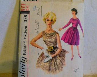 Simplicity 4168 1960's cocktail Dress Pattern - 1960's Draped Bateau Neckline dress Pattern - 1950's Party Dress Pattern - Size 12 bust 32
