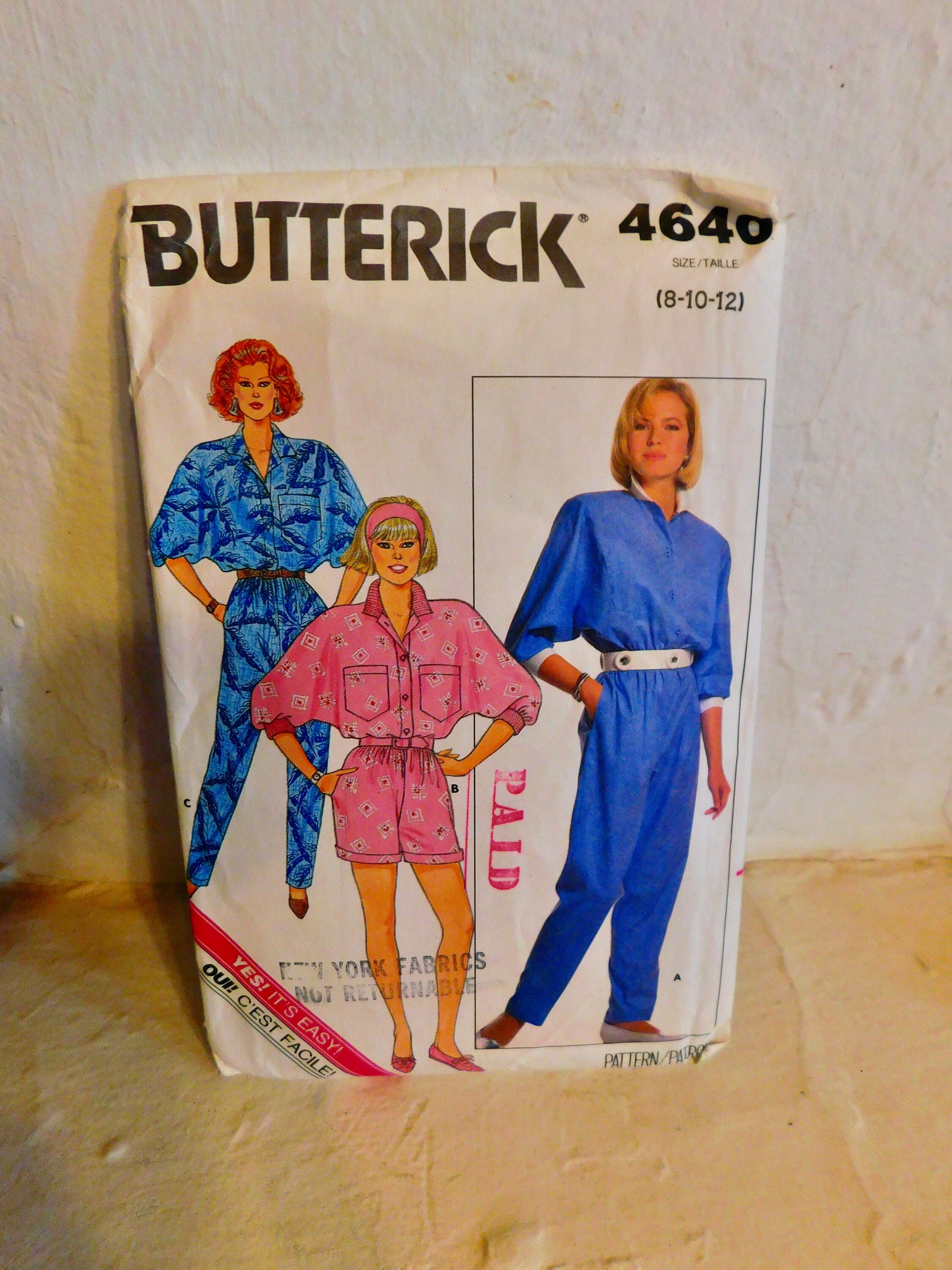 Butterick 4640 1980's Jumpsuit Pattern - 1980's Romper Pattern - Big Shoulder Peg Leg Jumpsuit Pattern  -Uncut Size 8 10 12 Bust 31 32 34