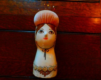 Gemma Taccogna Signed Lady Pincushion - Lovely Vintage Gemma Taccogna Mexico Papier Mache' Lady with Pincushion on Head