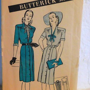 Butterick 3374 1940's Dress Pattern - Tie Collar Dickey Pattern - 1940's Yoke Top Button Front Dress Pattern - Size 16 Bust 34