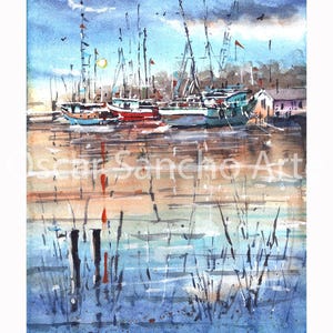 May include: Watercolor painting of a harbor scene with several sailboats docked. The boats are painted in shades of red, blue, and white, with tall masts and colorful flags. The water reflects the boats and the sky, creating a serene and picturesque view.