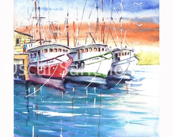Handmade Original Watercolor Paintings Inspired by Costa Rican Scenes - Barcos del Puerto