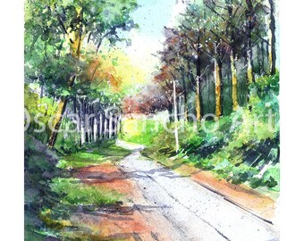 May include: Watercolor painting of a road winding through a forest. The artwork features lush green trees, a light-filled sky, and a path with shadows. The artist's signature is visible in the lower left corner. The painting evokes a sense of tranquility.