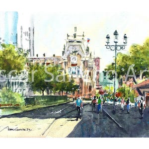 May include: Watercolor painting of a city street scene with a large building in the background. The artwork features a clock tower, trees, and people walking on the street. The artist's signature is in the bottom left corner.