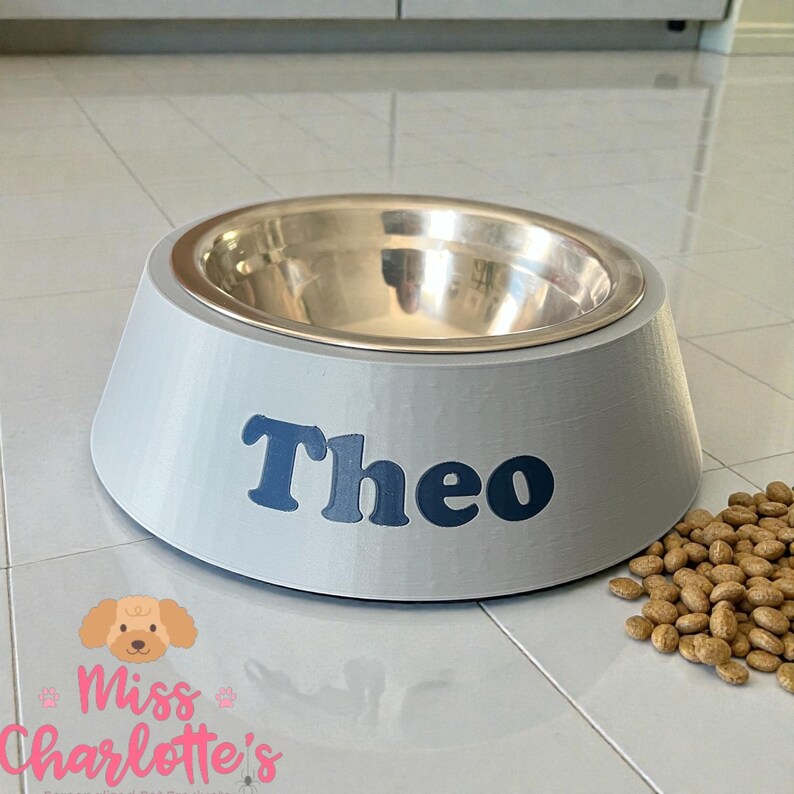 A light gray dog bowl with a stainless steel insert has the name "Theo" in blue letters on the front, with scattered brown dog food kibble to its right.