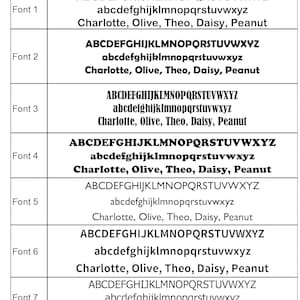 A white chart displays seven different fonts, each labeled "Font 1" through "Font 7," with examples of uppercase and lowercase alphabets, and the names "Charlotte, Olive, Theo, Daisy, Peanut."